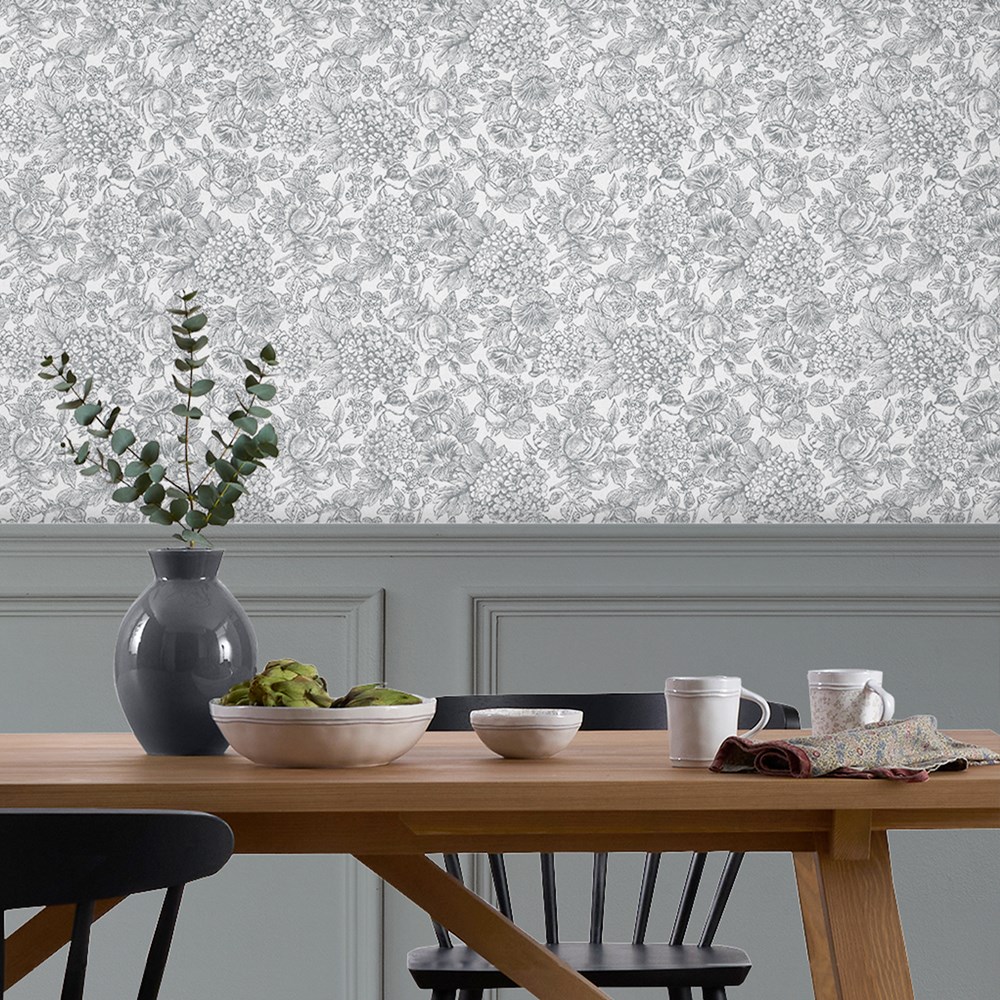 Louise Floral Wallpaper 119859 by Laura Ashley in Slate Grey